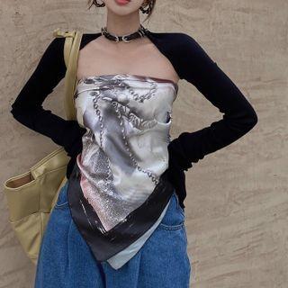 Long-sleeve Shrug / Print Scarf Top