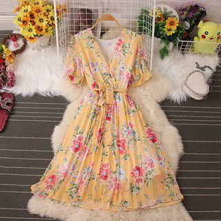 Elbow-sleeve Rose Print Midi A-line Dress