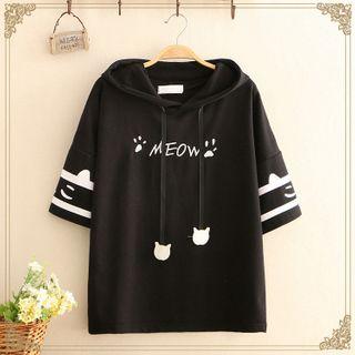 Cat Print Hooded Short-sleeve Top