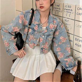 Flower Print Cropped Denim Jacket Blue - One Size