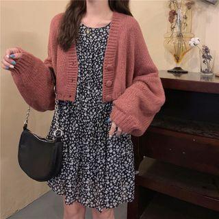 Cropped Cardigan / Long-sleeve Floral Print Mini A-line Dress