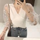 Puff-sleeve Sequined Mesh V-neck Panel Top