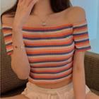 Short-sleeve Striped Cropped T-shirt Stripe - Tangerine & Blue & Almond - One Size
