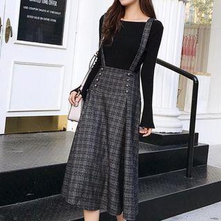 Set: Bell Sleeve Knit Top + Plaid A-line Jumper Skirt