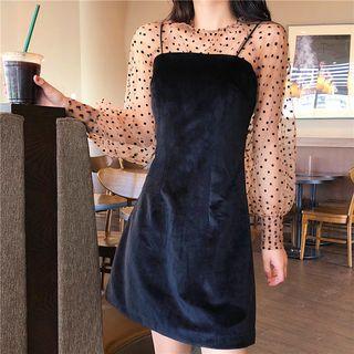 Sheer Long-sleeve Top / Strappy Velvet A-line Dress