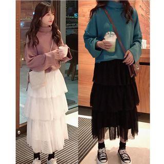 Long-sleeve Mock-neck Knit Top / Midi Layered Mesh Skirt