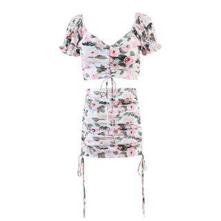 Short-sleeve Floral Print Drawstring Crop Top / Mini Fitted Skirt / Set