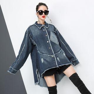 Washed Ripped Denim Jacket Blue - One Size