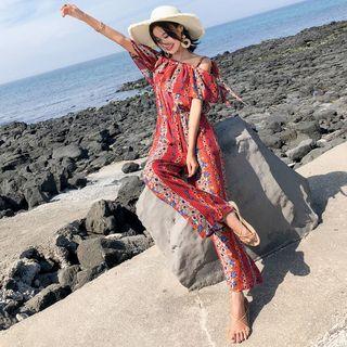 Printed Off Shoulder Short Sleeve Wide Leg Jumpsuit