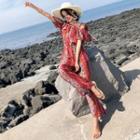 Printed Off Shoulder Short Sleeve Wide Leg Jumpsuit