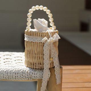 Lace-detail Woven Bucket Bag Beige - One Size