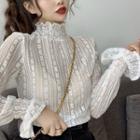 Lettering Printed Pullover / Semi Turtle-neck Lace Long-sleeve Top