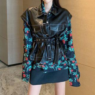 Faux Leather Jacket / Long-sleeve Floral Printed Shirt