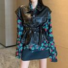 Faux Leather Jacket / Long-sleeve Floral Printed Shirt