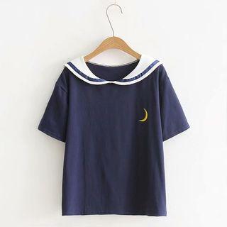 Embroidered Sailor-collar Short-sleeve T-shirt