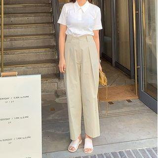 Plain Short-sleeve Polo Shirt / Crop Straight Fit Pants