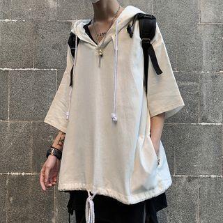 Drawstring Oversize Elbow-sleeve Hooded Top