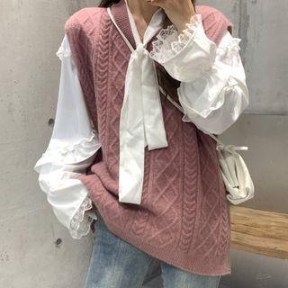 Plain Blouse / Cable Knit Sweater Vest