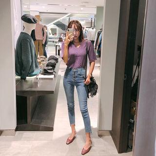 Button-fly Cutout-hem Skinny Jeans