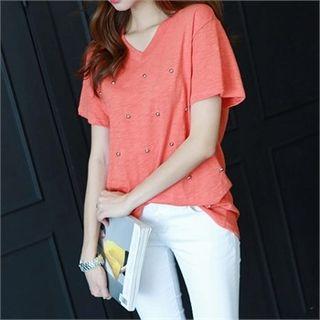 V-neck Short-sleeve Embellished T-shirt