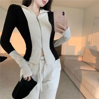 Long-sleeve Two Tone Zip-up Top