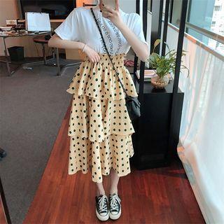 Mock Two-piece Short-sleeve Midi Dotted Layered Dress