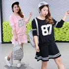 Set: Number Applique Pullover + Striped A-line Mini Skirt
