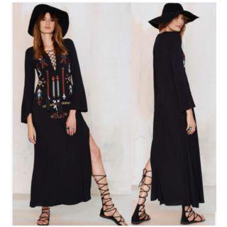 Embroidered Crisscross Front Side Slit Long Sleeve Maxi Dress