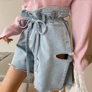 Paperbag-waist Distressed Denim Shorts