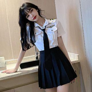 Shirt With Tie/ Accordion Pleat Skirt