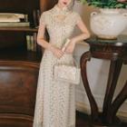 Mandarin Collar Floral Cutout Short-sleeve Midi A-line Dress