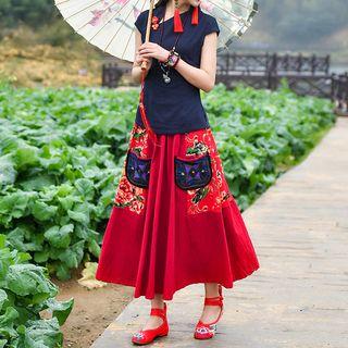 Set: Short-sleeve Top + Floral Embroidery A-line Midi Skirt