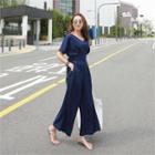 Short-sleeve Tie-waist Wide-leg Jumpsuit