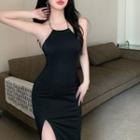 Halter Chain Strap Side-slit Sheath Dress Black - One Size