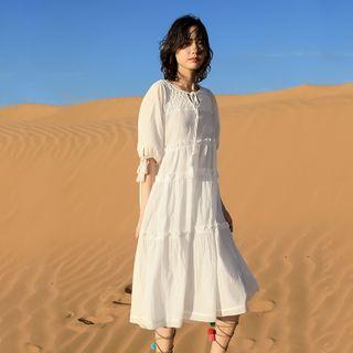 Elbow-sleeve Tiered A-line Midi Dress