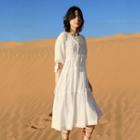 Elbow-sleeve Tiered A-line Midi Dress