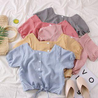 Square-neck Checked Crop Blouse