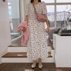 Round-neck Cat-pattern Maxi Tiered Dress Ivory - One Size