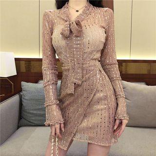 Ribbon-neckline Sequined Top / Asymmetric Skirt