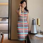 Sleeveless Patterned Zip-up Knit Dress Blue & Red - One Size