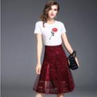 Set: Short-sleeve Rose T-shirt + Lace Skirt