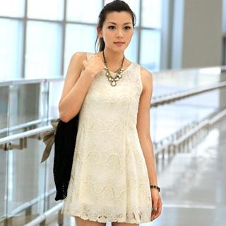 Tie-waist Lace Dress Beige - One Size