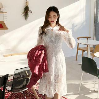 Set: Tie-neck Laced Dress + Slipdress White - One Size