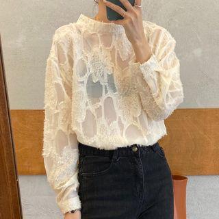 Fringed Open-back Long-sleeve Lace Top