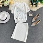 Set: Short-sleeve Knit Top + Skirt White - One Size