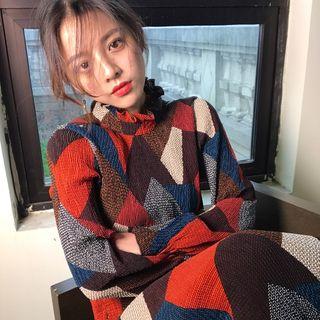 Turtleneck Color-block Pattern Dress