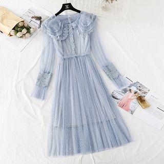 Lace Panel Collared Mesh Overlay Maxi Dress