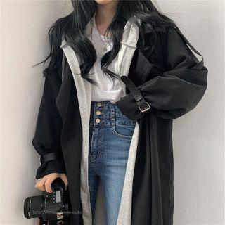 Notch Lapel Double-breasted Long Trench Jacket Black - One Size