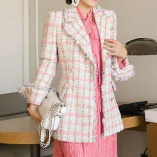 Frayed Double-breasted Tweed Blazer