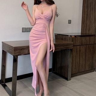 Spaghetti Strap Deep V-neck Slit Maxi Sheath Dress